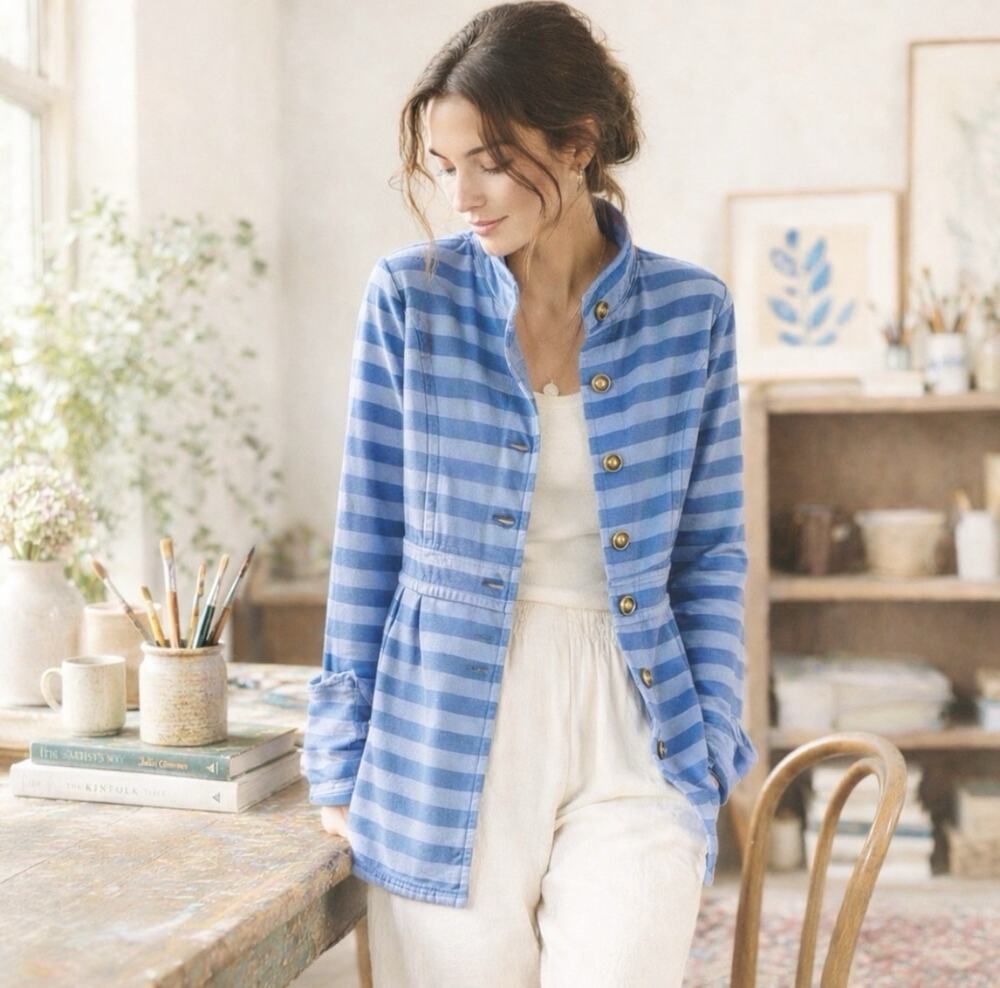 Matilda Jane Sz M Make Believe Blue Stripe Btn Wstbnd Detail Cuff Jacket Dress